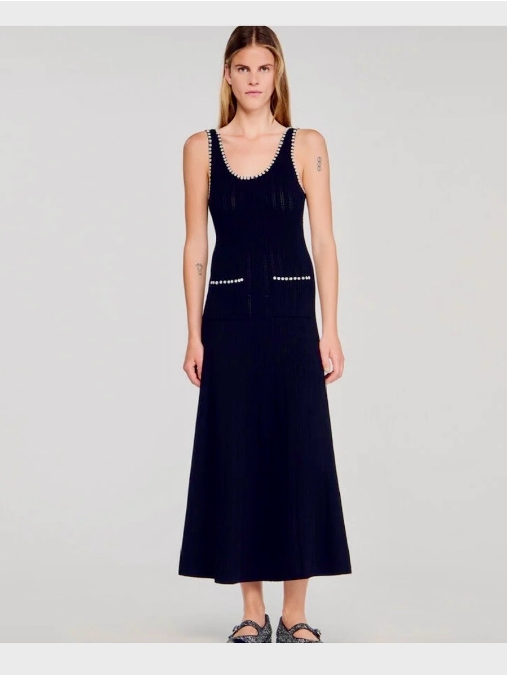 🌺🌺NWT SANDRO Black Knit Midi Dress with Pearl Trim